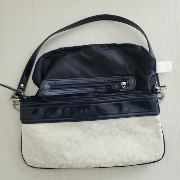 Tommy Hilfiger Womens Monogram Logo Mini Purse Bag Ivory Navy Blue Faux Leather - Picture 8 of 11